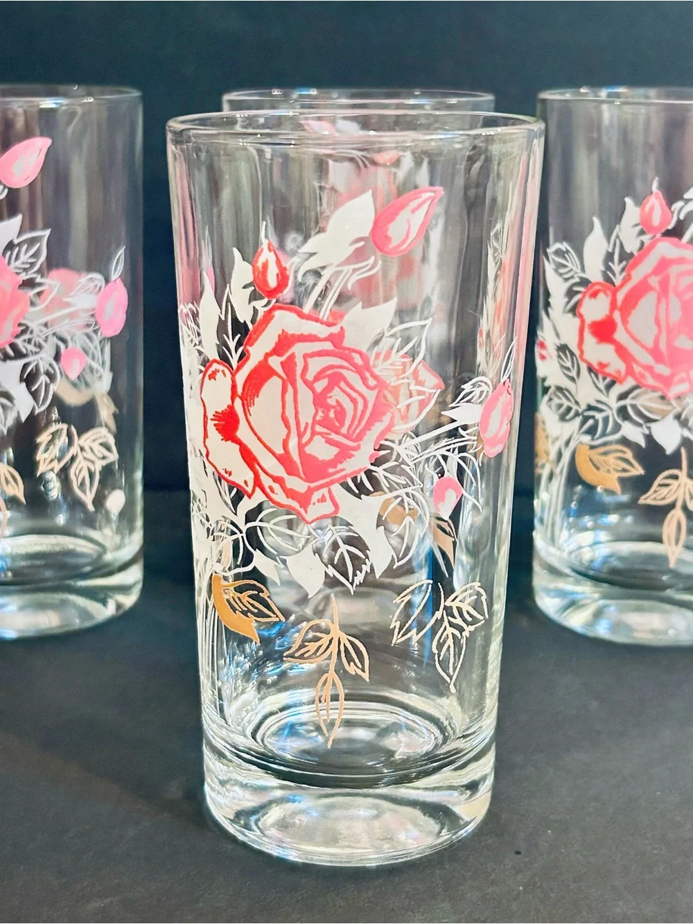 Vintage Mid Century Pink Rose Highball Drinking Glasses - Set of 4